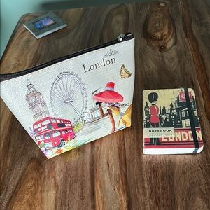 London Themed Cosmetic Bag and Notebook Set from 2015 trip to UK book is NWT
